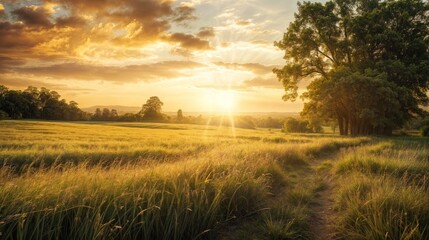 Obraz premium Golden sunset over a serene grassy field landscape