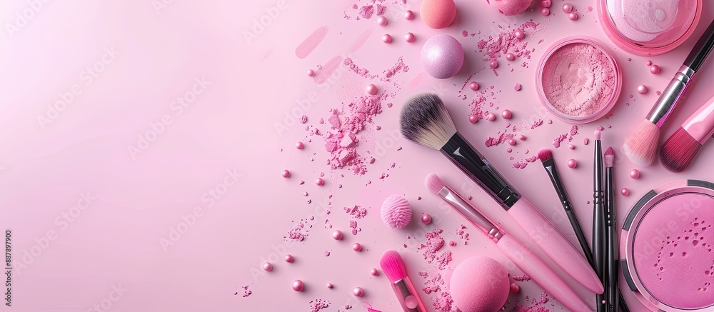 Poster pink background with a variety of makeup brushes sponges and cosmetics displayed creating a vibrant 