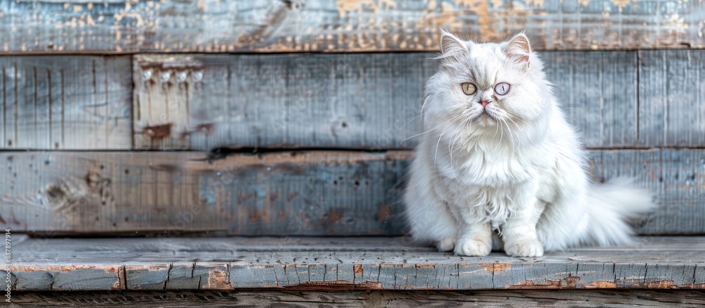 Poster White Persian cat with lilac eyes set against a wooden rustic backdrop providing ample copy space for additional elements in the image