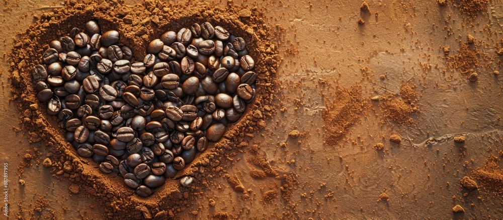 Leinwandbilder coffee grains in heart shape on sandy surface expressing love for coffee arranged in a frame design 