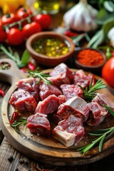 pieces of meat on a lamb plate. Selective focus.