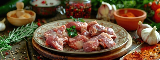 Fototapeta premium pieces of meat on a plate rabbit. Selective focus.