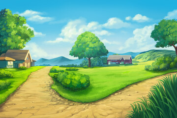 Outdoor illustration with trees, houses, and hills.