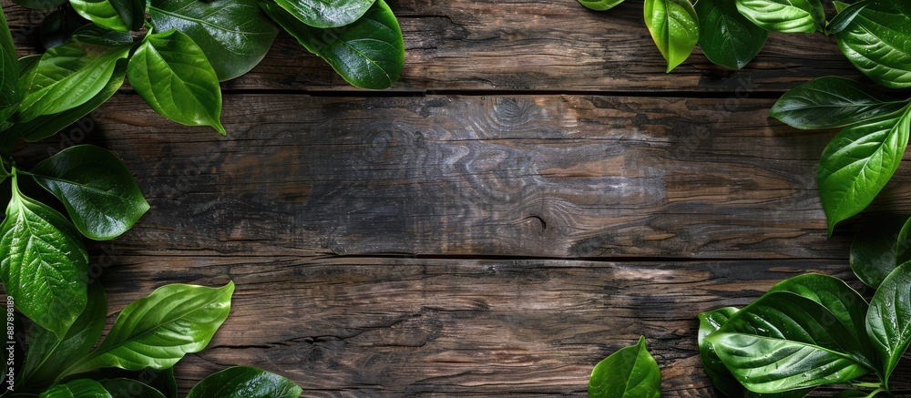 Canvas Prints leaves of vivid green against a rustic wooden backdrop in a copy space image