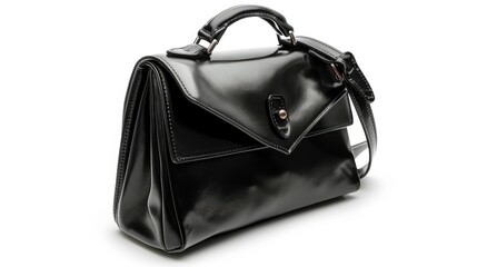 Naklejka premium Elegant black leather handbag for women on white background