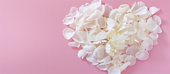 Obraz premium Heart shaped peony petals in white placed on a pink background symbolize love in a flat lay top down view making it ideal for decoration wallpaper or posters with a copy space image