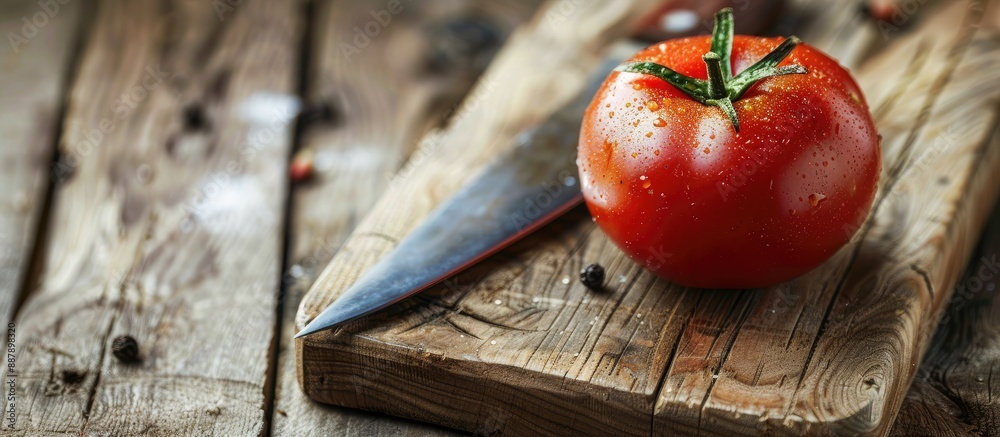 Poster a red tomato placed on a wooden cutting board next to a knife with the image offering space for copy