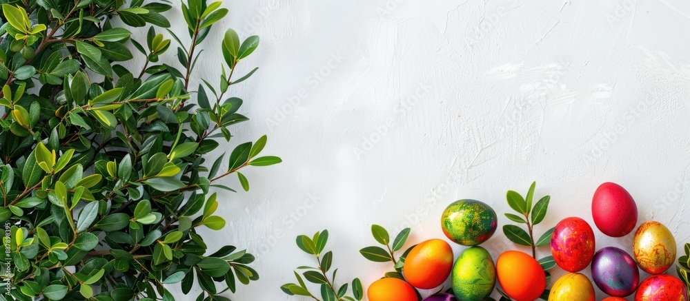 Poster Floral arrangement with boxwood and colorful eggs suitable for an Easter card with space for text or images. with copy space image. Place for adding text or design