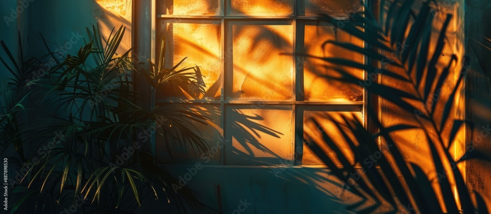 Leinwandbilder An evening window features palm branches silhouettes and boho decor casting shadows and creating a modern background design with a copy space image for text