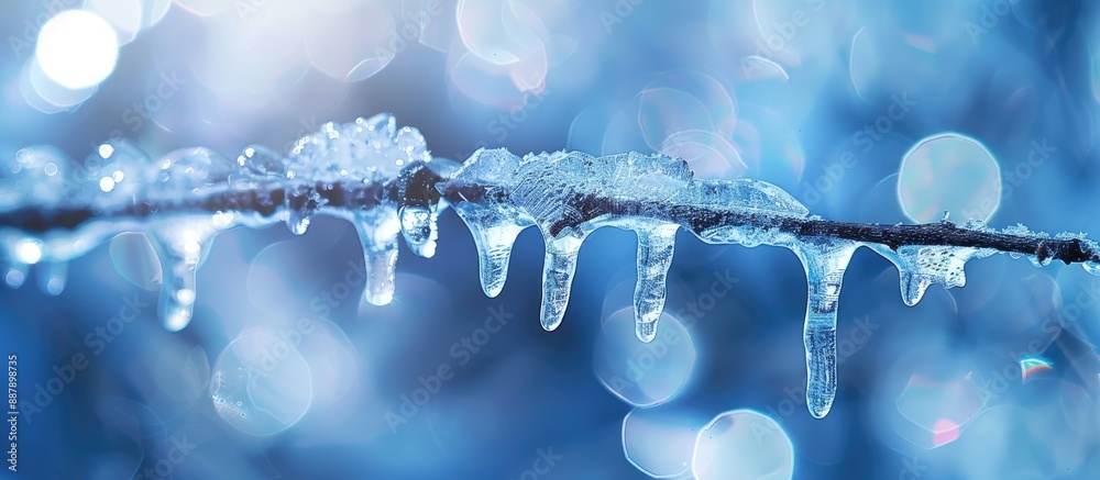 Poster Selective focus on an icicle formed on a frozen branch during an ice storm suitable for a copy space image