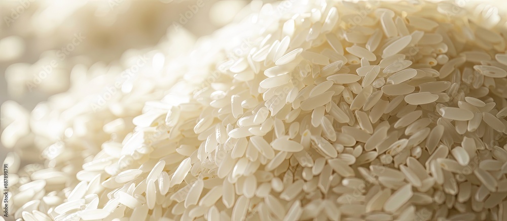 Poster close up of a mound of organic white long rice creating a natural food background with a detailed te