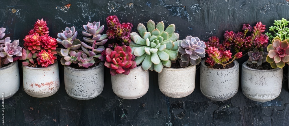 Aufkleber a row of various white ceramic gray concrete pots filled with red lilac and green succulents create 