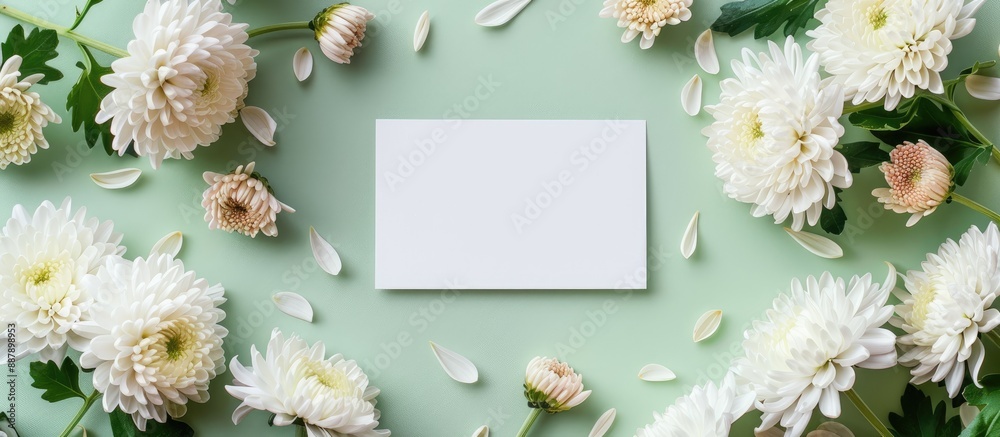 Leinwandbilder Chrysanthemums and a blank card on a light green background for a flat lay composition with copy space image