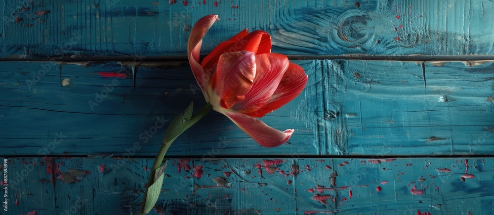 Poster a siam tulip is displayed on a rustic blue wooden backdrop with ample room for additional imagery