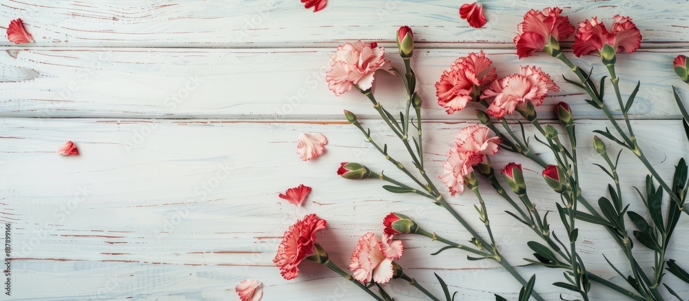 Poster Mother s Day photography concept featuring lovely carnations on a template card placed on a bright wooden table with copy space image available captured from a flat lay top view for a mock up