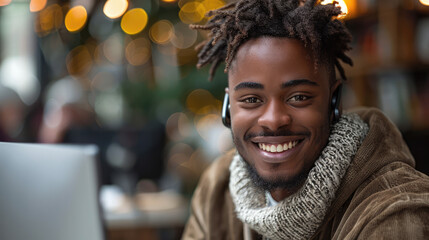 young smiling man in an office making a phone call while sitting in front of his computer