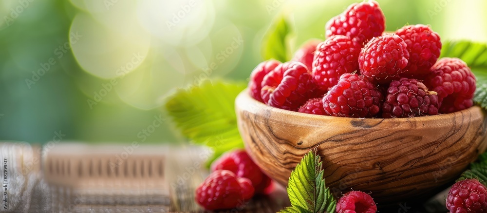 Poster a wooden bowl filled with fresh raspberries with a clear background for copy space image