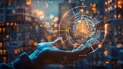 Clock on hand time data digital clock management planning business and time concept