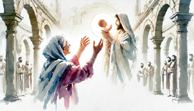 Elderly Anna meets Jesus and announces the Promised One. Digital painting.
