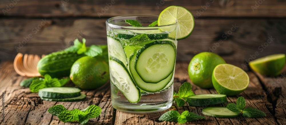 Fototapete a refreshing detox water with cucumber lime and mint displayed on a wooden backdrop ideal for promot
