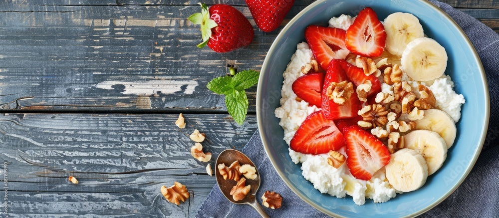 Poster healthy cottage cheese topped with strawberries bananas and walnuts in a blue bowl viewed from the t