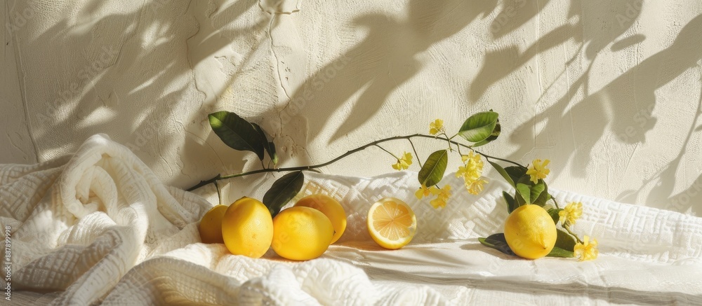 Poster a mediterranean summer scene with fresh lemons in sunlight casting floral shadows on a white texture