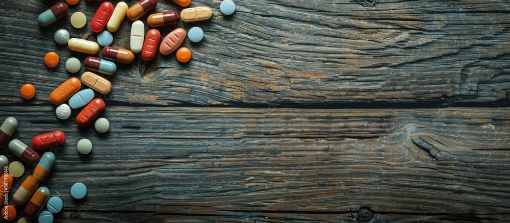 Poster Close up view of medication with a wooden table background and ample copy space image available