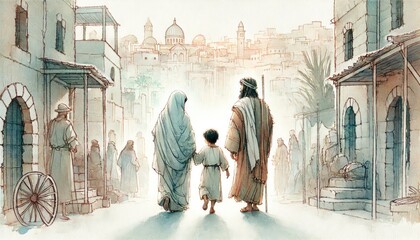 When Jesus was twelve, Joseph and Mary took him to Jerusalem to celebrate the Passover, Luke 2:40-52. Digital painting.