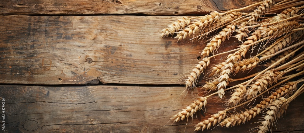 Poster copy space image featuring golden wheat rye ears arranged on a rustic wooden board
