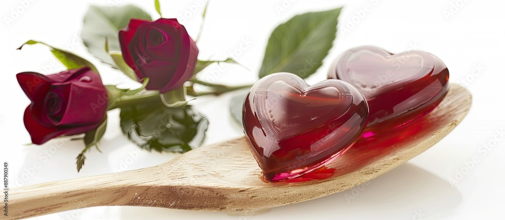 Poster two heart shaped jellies on a wooden spoon with a rose displayed on a white background with copy spa