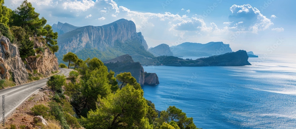 Poster scenic coastal mountain road with a view of the sea providing a background with ample copy space ima