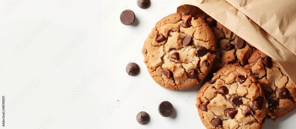 Leinwandbilder chocolate chip cookies with a paper bag on a white background allowing for text placement in the cop