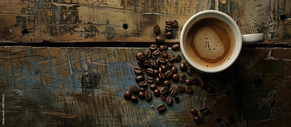 Aufkleber a top view of a cup of coffee and coffee beans displayed on an antique kitchen table providing a cop