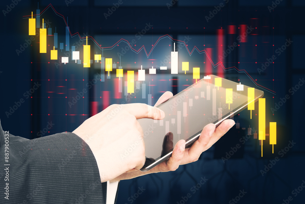 Poster close up of businessman hand using cellphone with falling forex chart on dark office background. cri