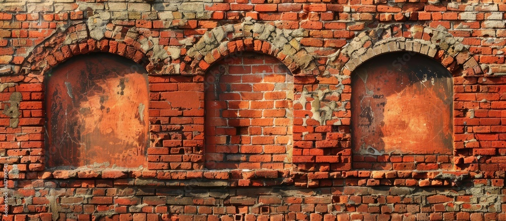 Poster Old house wall with arched windows made of red bricks showing texture in a copy space image