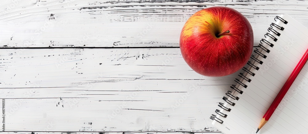Poster Back to school concept with red apple and pencil placed on a notebook against a white wooden table background creating a composition perfect for a copy space image