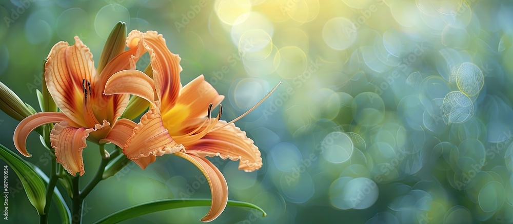 Poster close up macro portrait of an orange daylily blossom and bud isolated against a blurred green backgr