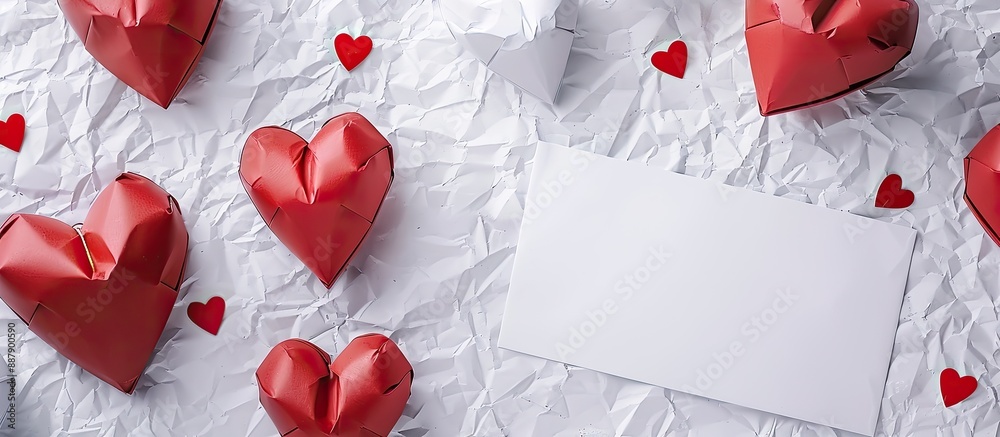 Aufkleber Valentine s cards displayed on a white crumpled paper background with an area for a written message ideal for creating a copy space image mock up