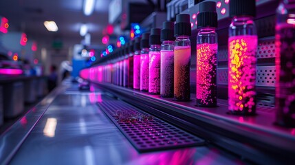 A high-tech lab showcasing advanced imaging techniques, with rows of vials filled with colorful solutions.