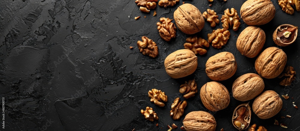 Poster top view of walnuts in shells arranged on a black surface with a background of round walnuts composi