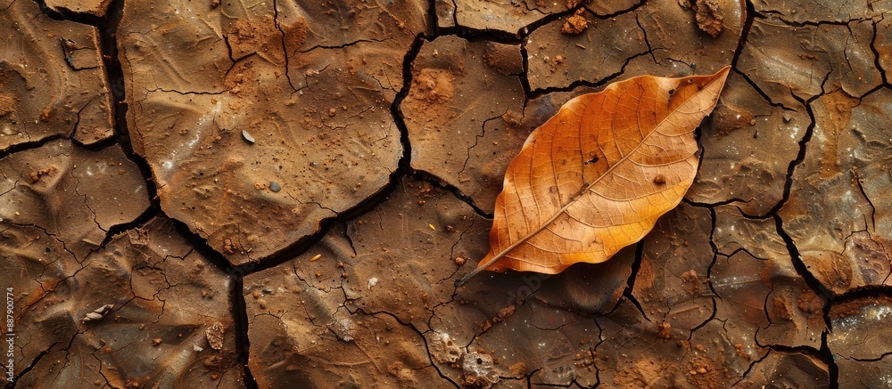 Leinwandbilder Dry cracked mud with a leaf creating a rustic ambiance in a serene setting with the potential for adding text or images within the open space. with copy space image. Place for adding text or design