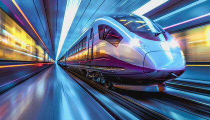 Fototapeta premium High-tech bullet train speeding through illuminated tunnel, sleek design, reflective surface