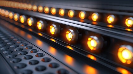 A row of lights are lit up in a dark room