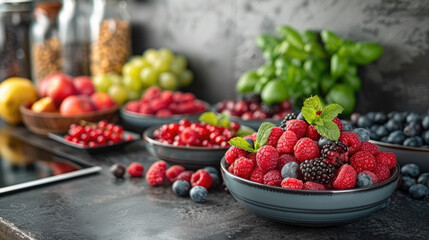 vertical view of an assortment of red fruits and dried fruits on a worktop in a kitchen, space for text