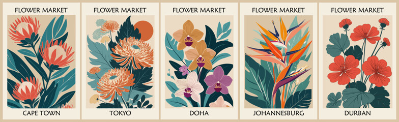 Fototapeta premium Set of abstract Flower Market posters. Trendy botanical wall arts with floral design in danish pastel colors. Modern naive groovy funky interior decorations, paintings. Vector art illustration.