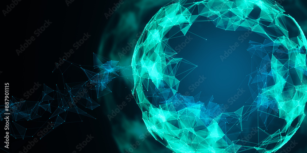 Poster Abstract bright blue tech background with polygonal circle. Innovation and technology concept. 3D Rendering.