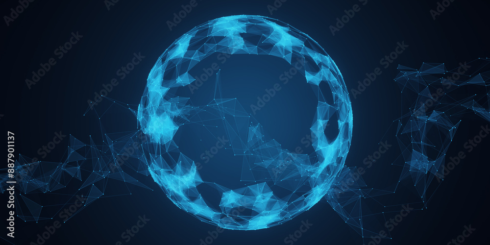 Poster Creative bright blue tech background with polygonal circle. Innovation and technology concept. 3D Rendering.