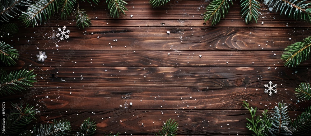 Fototapete flat lay top view of a rustic brown wooden background adorned with christmas tree twigs and snowflak