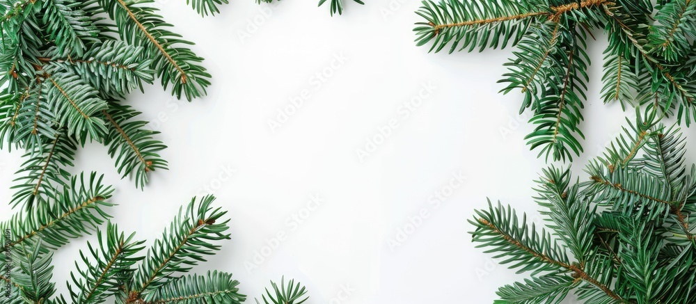 Poster christmas fir tree branches in green against a white backdrop with copy space image