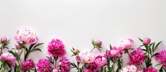 Fototapeta premium A stunning arrangement of vibrant pink peonies displayed on a clean white backdrop in a flat lay style creating a perfect copy space image for a Mother s Day or Valentine s Day card